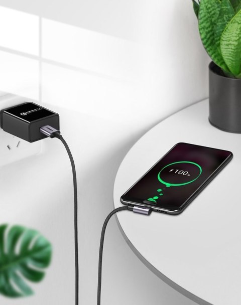 Przewód kabel kątowy boczna wtyczka USB - USB-C 1m 3A szary