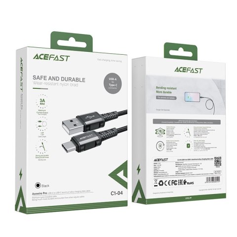 Kabel przewód w oplocie USB - USB-C 3A 1.2m czarny