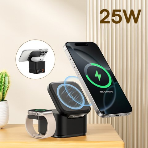 Ładowarka indukcyjna 3w1 do telefonu smartwatcha MagSafe 25W - czarna Ładowarka indukcyjna 3w1 do telefonu smartwatcha MagSafe 25W - czarna