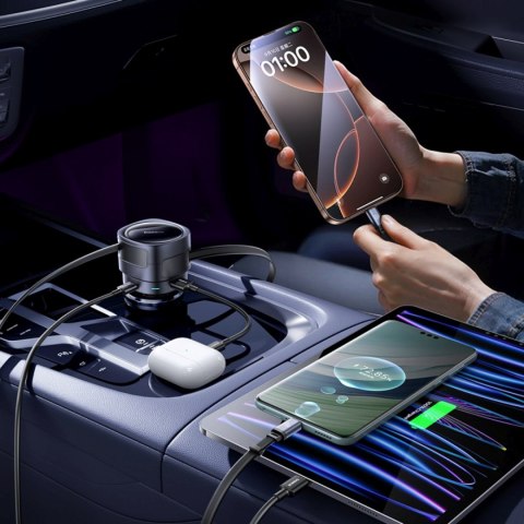Ładowarka samochodowa ze zwijanymi kablami USB-C USB-A 90W Ładowarka samochodowa ze zwijanymi kablami USB-C USB-A 90W