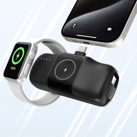 Mini powerbank 5000mAh 15W USB-C i ładowarką do Apple Watch - czarny Mini powerbank 5000mAh 15W USB-C i ładowarką do Apple Watch - czarny