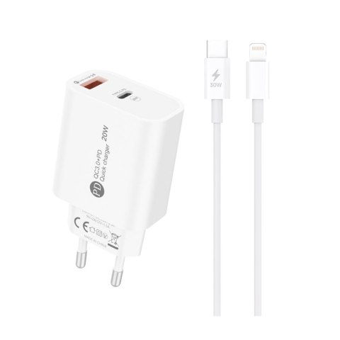 Ładowarka sieciowa 20W USB-A USB-C z kablem USB-C - iPhone Lightning 1m - biała Ładowarka sieciowa 20W USB-A USB-C z kablem USB-C - iPhone Lightning 1m - biała
